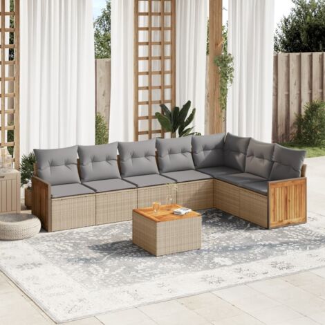 Ensemble Salon Jardin 8 Places Résine Tressée Beige avec Coussins Gris, Table Acacia, Modules Modulables et Rangement