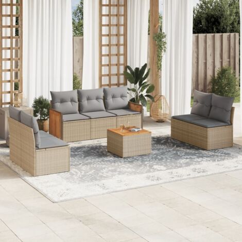 Ensemble Salon Jardin 8 Places Résine Tressée Beige avec Coussins Gris, Table Acacia, Stockage Intégré