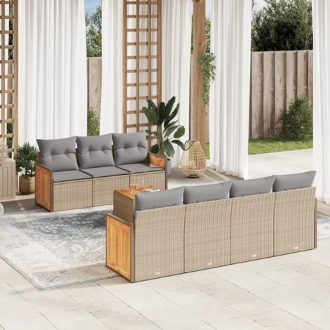 Ensemble Salon Jardin 8 Places Résine Tressée Beige avec Coussins Gris - Table Acacia, Stockage Intégré et Housse Lavable