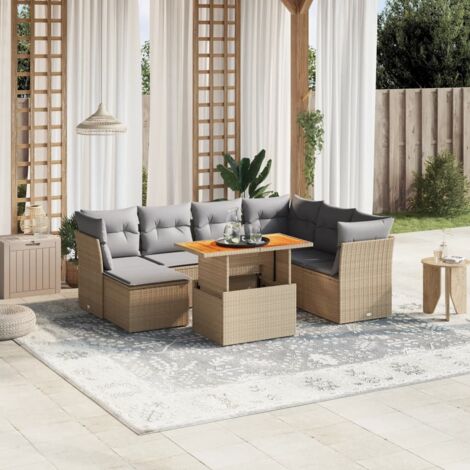 Ensemble Salon Jardin 8 Places Résine Tressée Beige avec Coussins Gris - Table Réglable et Mobilier Modulaire