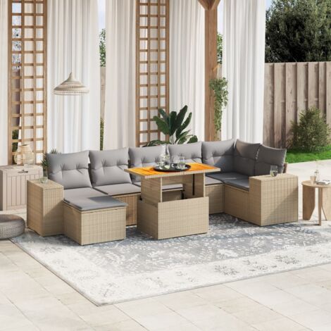 Ensemble Salon Jardin 8 Places Résine Tressée Beige avec Coussins Gris - Table Réglable et Mobilier Modulaire
