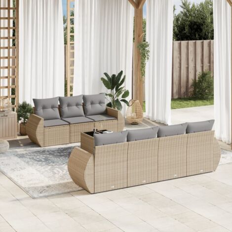 Ensemble Salon Jardin 8 Places Résine Tressée Beige avec Coussins Gris - Table Verre Trempé 55x55cm - Meuble Extérieur Modulaire