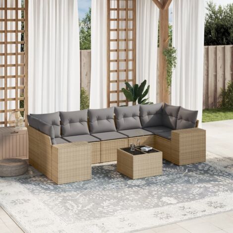 Ensemble Salon Jardin 8 Places Résine Tressée Beige avec Coussins Gris - Table Verre Trempé, Meuble Extérieur Modulaire