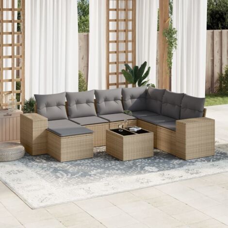 Ensemble Salon Jardin 8 Places Résine Tressée Beige avec Coussins Gris, Table Verre Trempé, Modulaire