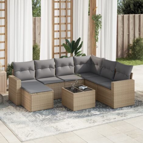 Ensemble Salon Jardin 8 Places Résine Tressée Beige avec Coussins Gris, Table Verre Trempé, Modulaire