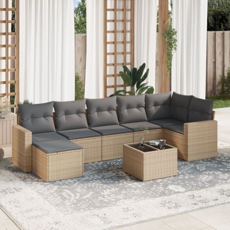 Ensemble Salon Jardin 8 Places Résine Tressée Beige avec Coussins Gris - Table Verre Trempé, Modulaire