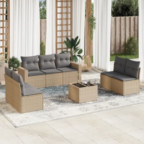 Ensemble Salon Jardin 8 Places Résine Tressée Beige avec Coussins Gris, Table Verre Trempé, Modulaire, Rangement