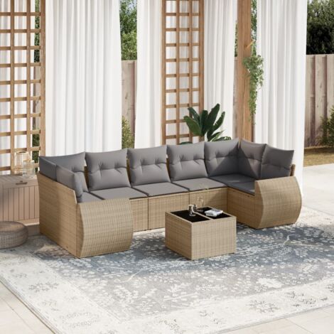 Ensemble Salon Jardin 8 Places Résine Tressée Beige avec Coussins Gris, Table Verre Trempé, Modular, Rangement Eau