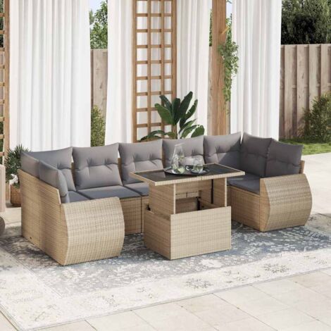 Ensemble Salon Jardin 8 Places Résine Tressée Beige avec Coussins Gris, Table Verre Trempé Réglable et Rangement Intégré