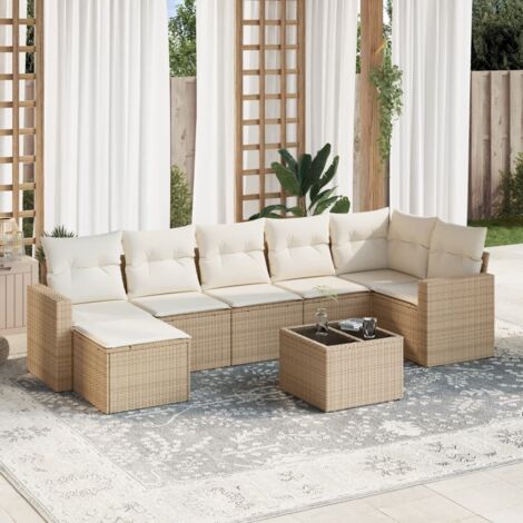 Ensemble salon jardin 8 places résine tressée beige avec coussins lavables et table verre trempé