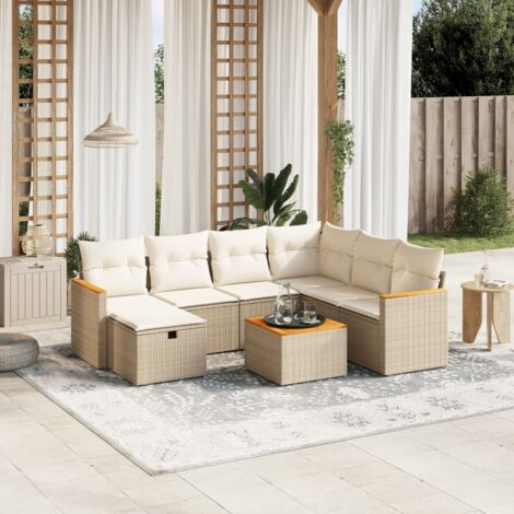 Ensemble Salon Jardin 8 Places Résine Tressée Beige avec Coussins Lavables - Table Acacia et Structure Acier