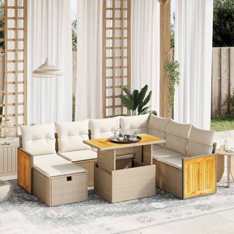 Ensemble salon jardin 8 places résine tressée beige avec coussins lavables - Table extensible et mobilier modulaire pour terrasse