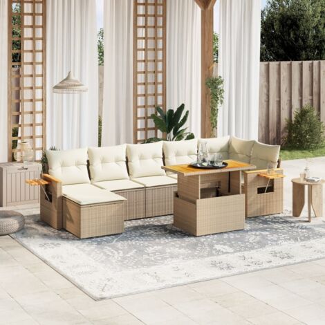 Ensemble Salon Jardin 8 Places Résine Tressée Beige avec Coussins Lavables - Table Réglable et Mobilier Modulaire