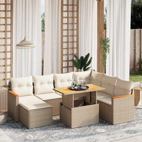 Ensemble Salon Jardin 8 Places Résine Tressée Beige avec Coussins Lavables - Table Réglable et Mobilier Modulaire