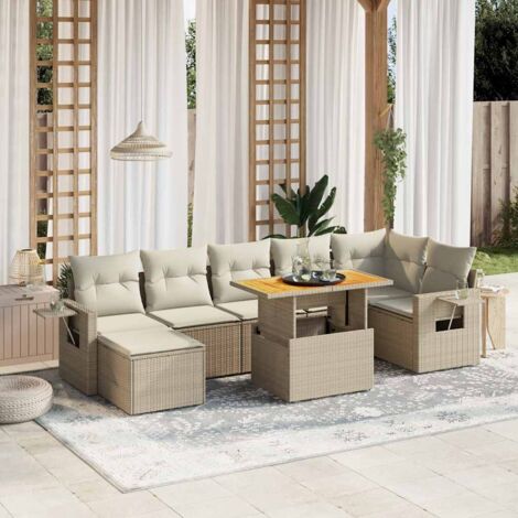 Ensemble Salon Jardin 8 Places Résine Tressée Beige avec Coussins Lavables - Table Réglable et Mobilier Modulaire