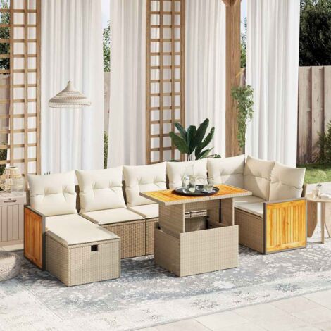 Ensemble Salon Jardin 8 Places Résine Tressée Beige avec Coussins Lavables - Table Réglable et Mobilier Modulaire