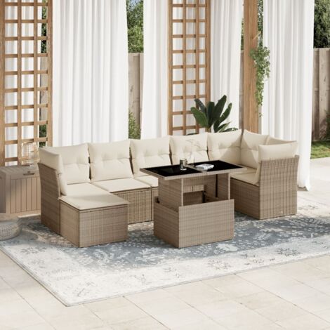 Ensemble Salon Jardin 8 Places Résine Tressée Beige avec Coussins Lavables - Table Réglable et Mobilier Modulaire Extérieur