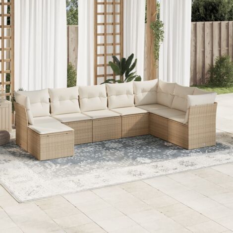 Ensemble Salon Jardin 8 Places Résine Tressée Beige avec Coussins - Meuble Extérieur Modulaire pour Terrasse