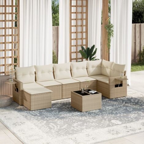 Ensemble Salon Jardin 8 Places Résine Tressée Beige avec Coussins - Mobilier Extérieur Modulaire avec Espace Rangement et Table