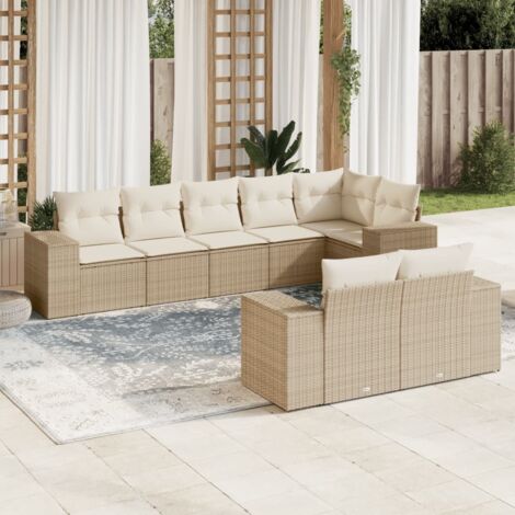 Ensemble Salon Jardin 8 Places Résine Tressée Beige avec Coussins - Mobilier Extérieur Modulaire avec Rangement