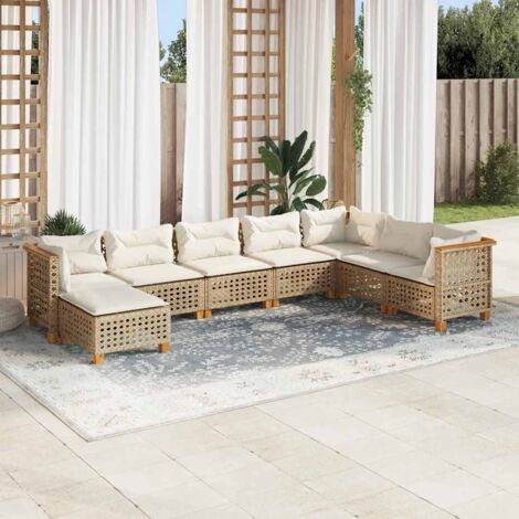 Ensemble Salon Jardin 8 Places Résine Tressée Beige avec Coussins - Mobilier Extérieur Modulaire en Polyrotin et Bois d'Acacia