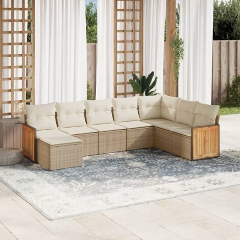 Ensemble Salon Jardin 8 Places Résine Tressée Beige avec Coussins - Modulaire, Rangement Intégré et Housse Lavable