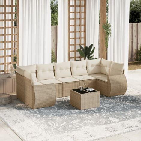 Ensemble Salon Jardin 8 Places Résine Tressée Beige avec Coussins - Modulaire Table Verre Trempé 7 Pièces