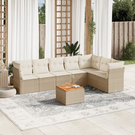 Ensemble Salon Jardin 8 Places Résine Tressée Beige avec Coussins - Sièges Modulaires avec Rangement, Table Acacia et Housses Lavables