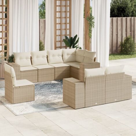 Ensemble Salon Jardin 8 Places Résine Tressée Beige avec Coussins - Stockage Modulaire
