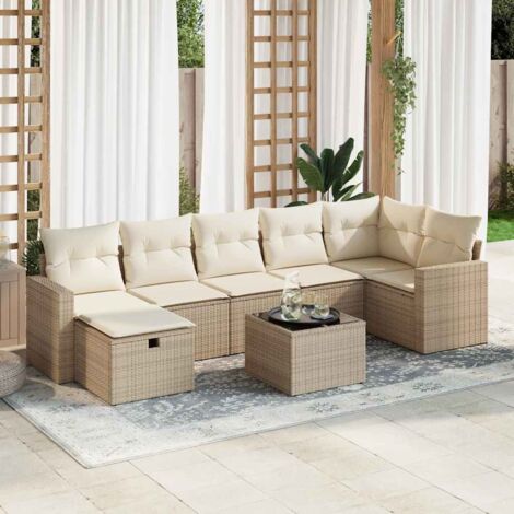 Ensemble Salon Jardin 8 Places Résine Tressée Beige avec Coussins - Stockage Modulaire