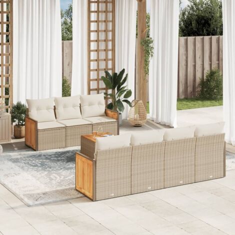 Ensemble Salon Jardin 8 Places Résine Tressée Beige avec Coussins - Table Acacia et Espace Rangement