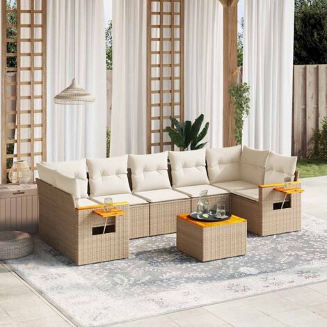 Ensemble Salon Jardin 8 Places Résine Tressée Beige avec Coussins - Table Acacia et Mobilier d'Extérieur Modulaire