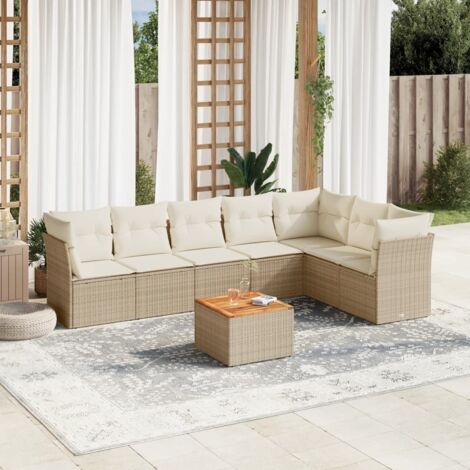 Ensemble Salon Jardin 8 Places Résine Tressée Beige avec Coussins - Table Acacia et Mobilier Modulaire Extérieur
