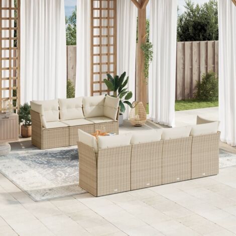 Ensemble Salon Jardin 8 Places Résine Tressée Beige avec Coussins - Table Acacia et Mobilier Modulaire Extérieur