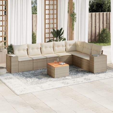 Ensemble Salon Jardin 8 Places Résine Tressée Beige avec Coussins - Table Acacia et Rangement Intégré