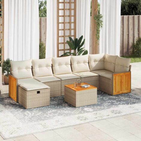 Ensemble Salon Jardin 8 Places Résine Tressée Beige avec Coussins, Table Acacia et Rangement Intégré