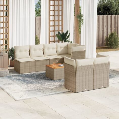 Ensemble Salon Jardin 8 Places Résine Tressée Beige avec Coussins - Table Acacia et Structure Acier
