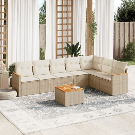 Ensemble Salon Jardin 8 Places Résine Tressée Beige avec Coussins - Table Acacia, Modulaire et Résistant aux Intempéries