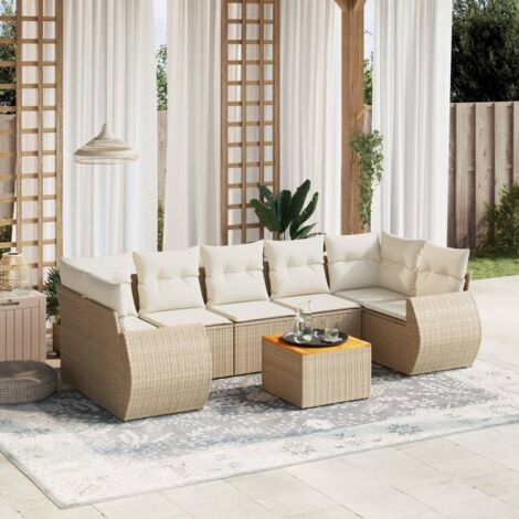 Ensemble Salon Jardin 8 Places Résine Tressée Beige avec Coussins - Table Acacia, Modulaire, Housse Lavable