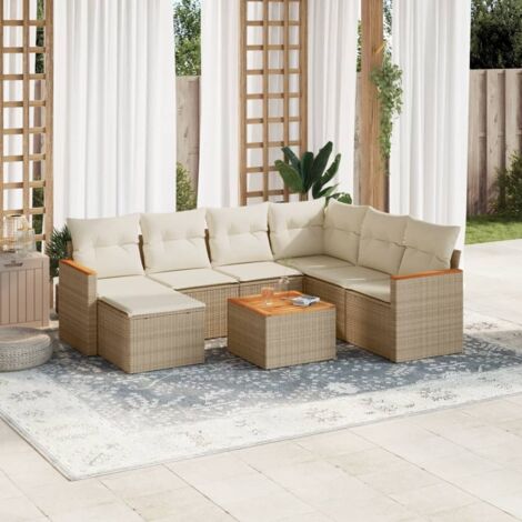 Ensemble Salon Jardin 8 Places Résine Tressée Beige avec Coussins - Table Acacia, Stockage et Design Modulaire