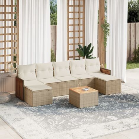 Ensemble Salon Jardin 8 Places Résine Tressée Beige avec Coussins - Table Acacia, Stockage Intégré