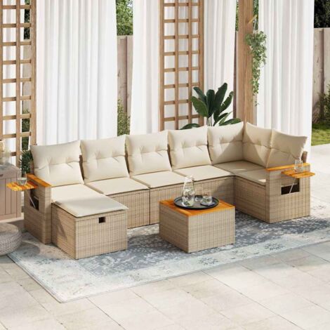 Ensemble Salon Jardin 8 Places Résine Tressée Beige avec Coussins - Table Acacia, Stockage Intégré et Housses Lavables