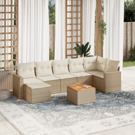 Ensemble Salon Jardin 8 Places Résine Tressée Beige avec Coussins - Table Acacia, Stockage Intégré, Modulaire
