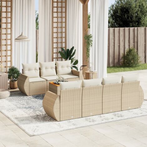 Ensemble Salon Jardin 8 Places Résine Tressée Beige avec Coussins - Table Acacia, Stockage Intégré, Modulaire