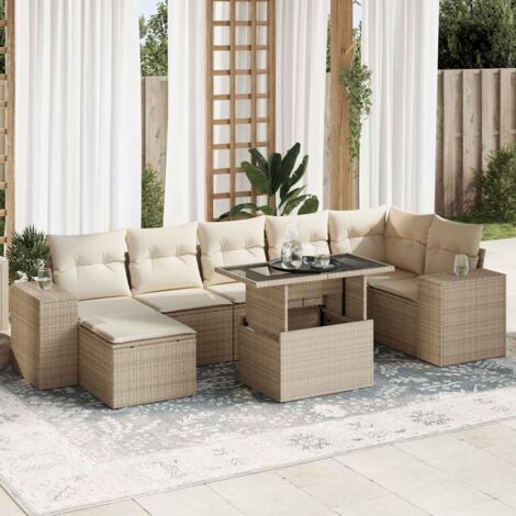 Ensemble Salon Jardin 8 Places Résine Tressée Beige avec Coussins - Table Modulable et Espace Rangement