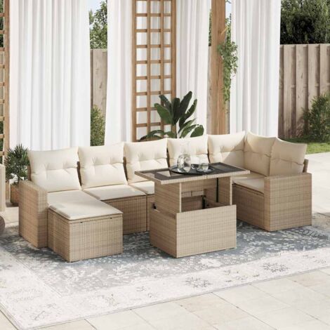 Ensemble Salon Jardin 8 Places Résine Tressée Beige avec Coussins - Table Modulable et Espaces Rangement