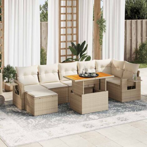 Ensemble Salon Jardin 8 Places Résine Tressée Beige avec Coussins - Table Modulable et Rangement Intégré