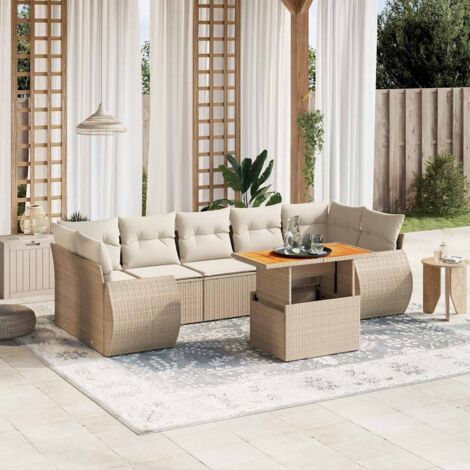 Ensemble Salon Jardin 8 Places Résine Tressée Beige avec Coussins - Table Réglable et Mobilier d'Extérieur Modulaire