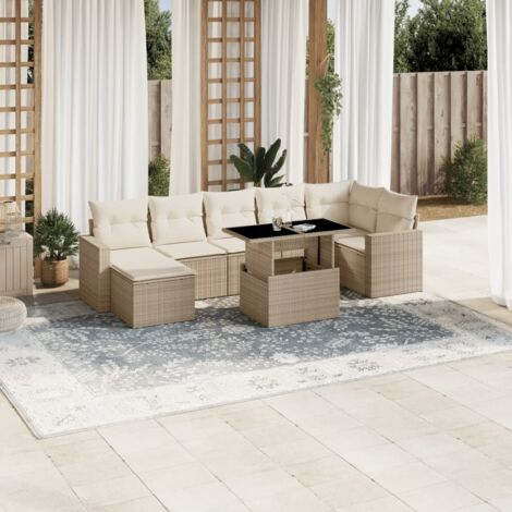 Ensemble Salon Jardin 8 Places Résine Tressée Beige avec Coussins - Table Réglable et Mobilier d'Extérieur Modulaire