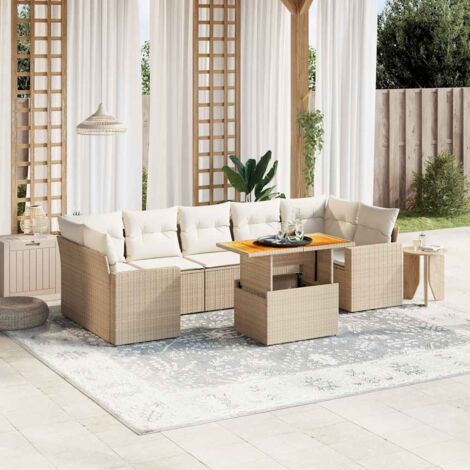 Ensemble Salon Jardin 8 Places Résine Tressée Beige avec Coussins - Table Réglable Hauteur et Meubles Modulaires pour Terrasse